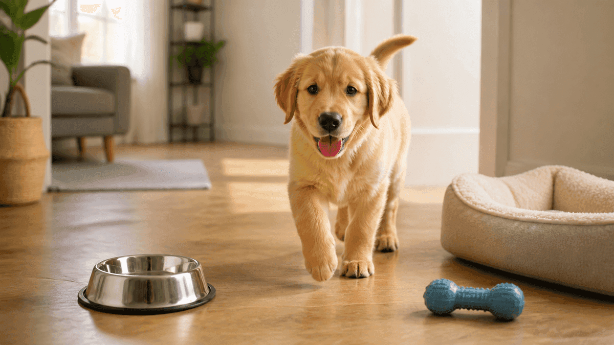 Chiot golden retriever découvrant sa nouvelle maison préparée