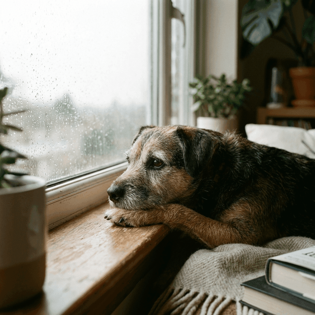 Chien triste qui regarde par la fenêtre
