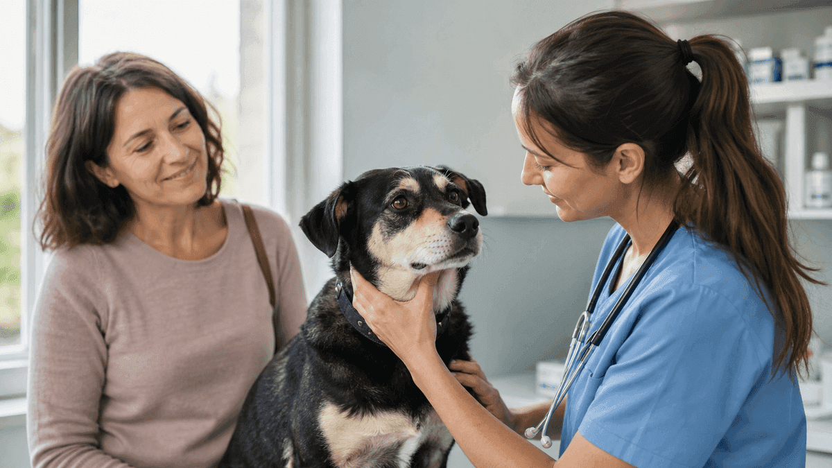 Vétérinaire examinant un chien dans une structure de soins accessible