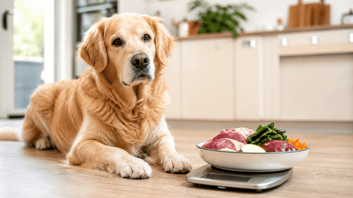 Chien devant une ration BARF pesée et composée d'ingrédients frais