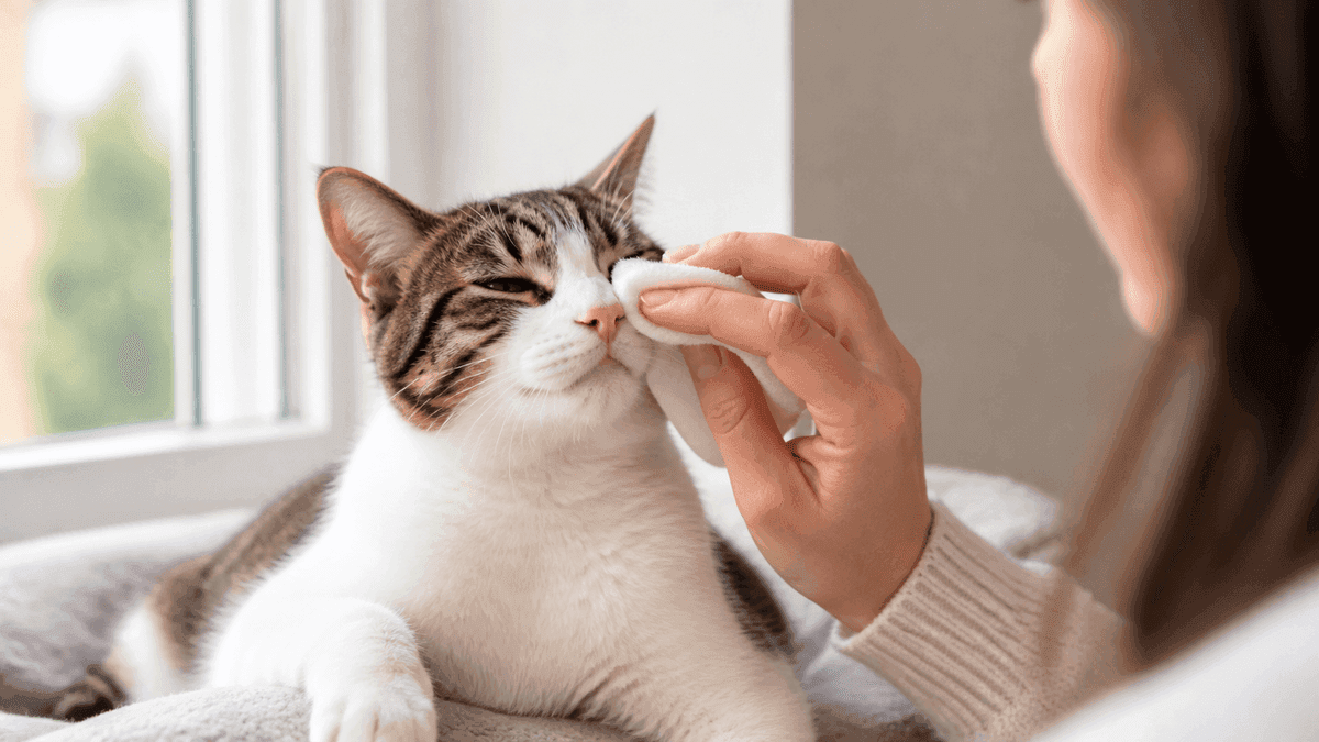Propriétaire nettoyant délicatement le nez de son chat