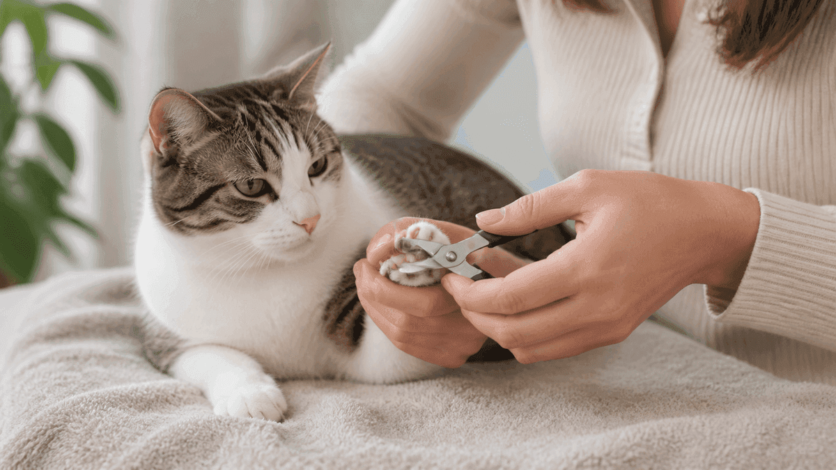 Coupe des griffes d'un chat calme sur une serviette