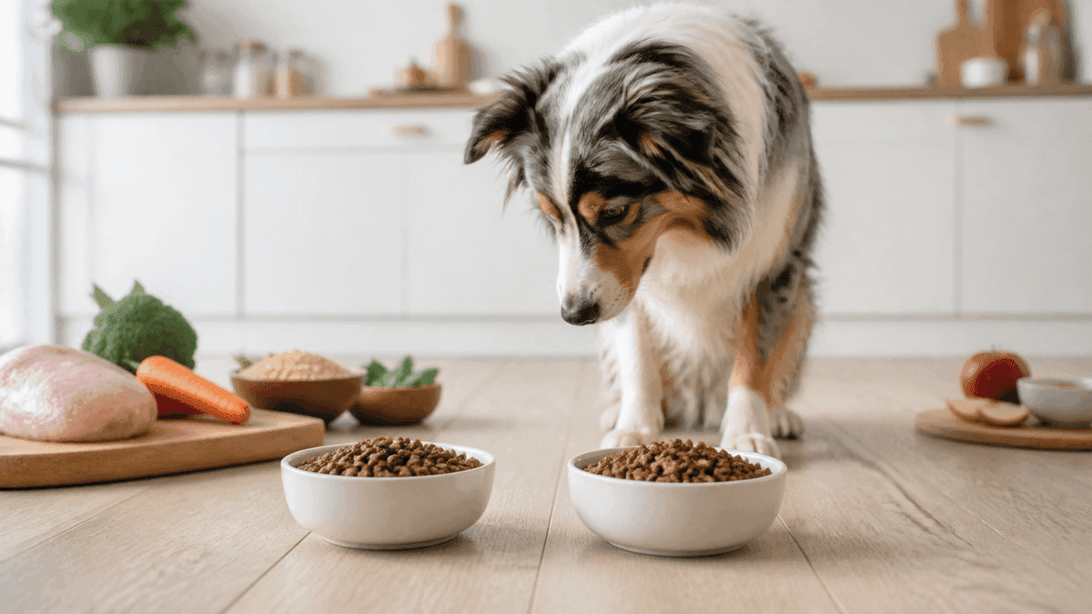 Chien devant deux gamelles de croquettes comparées