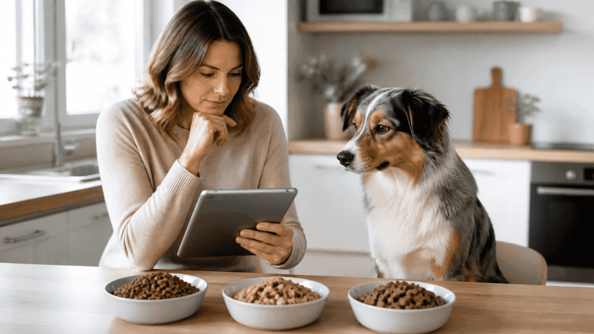 Chien devant plusieurs gamelles de croquettes à comparer