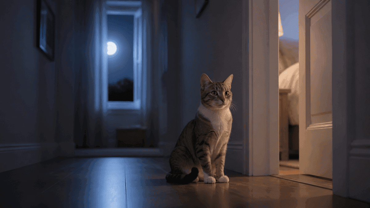 Chat éveillé dans un couloir doucement éclairé la nuit