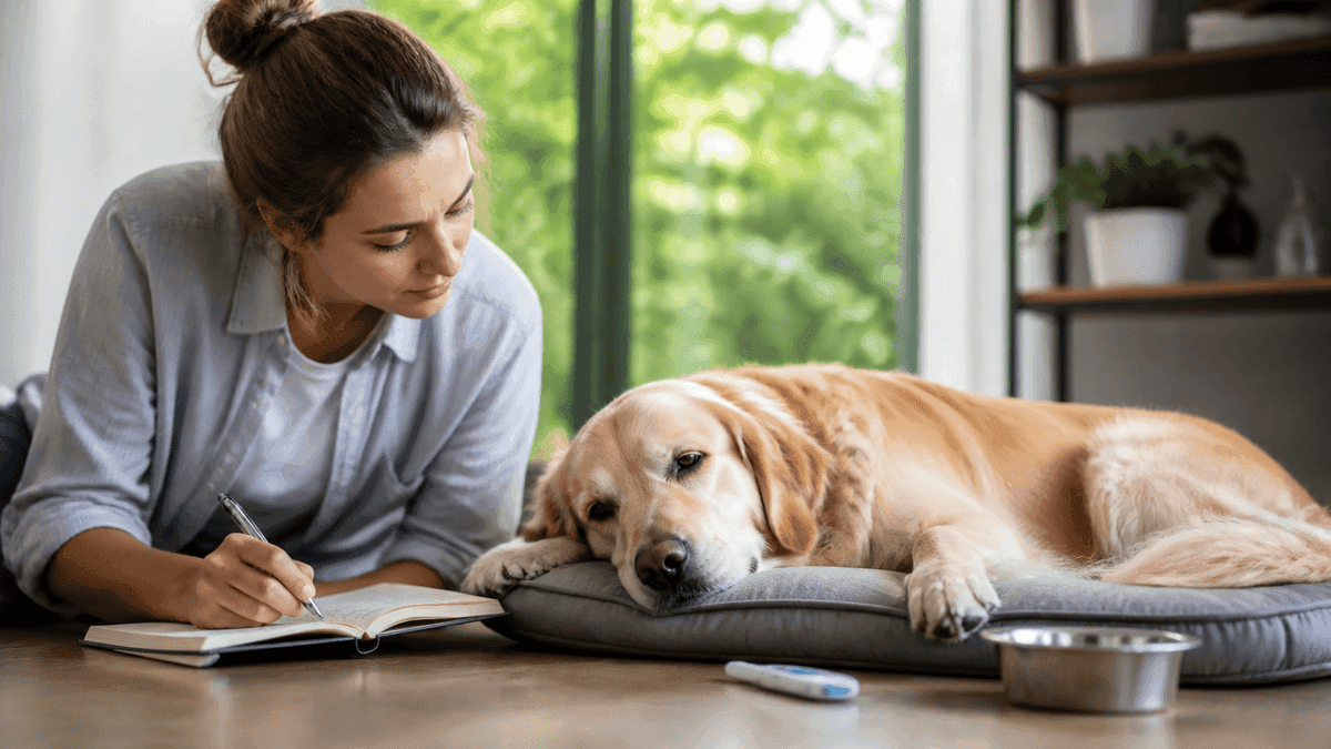 Propriétaire observant attentivement son chien au repos
