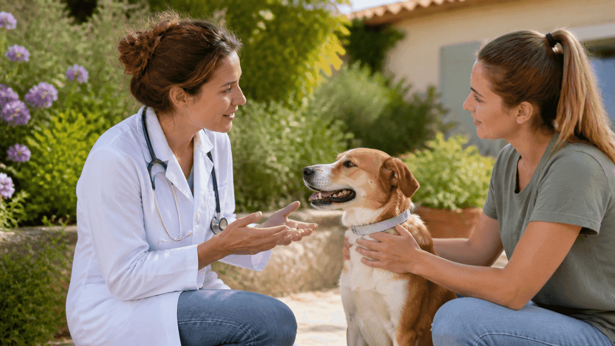 Chien protégé dans un jardin méditerranéen avec son vétérinaire