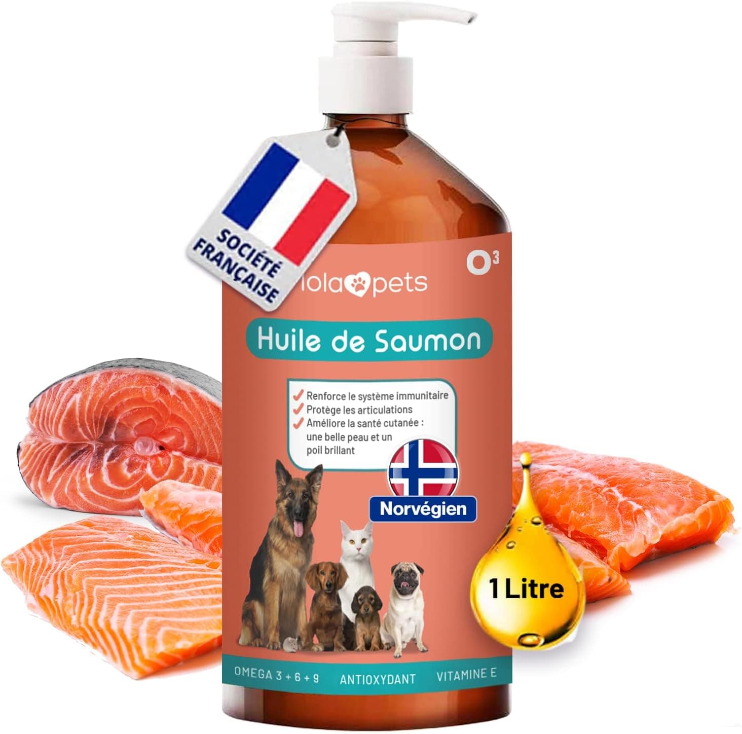 Huile de Saumon Chien et Chat 1 Litre de NORVÈGE - Omega 3+6+9, Vitamine E | 100