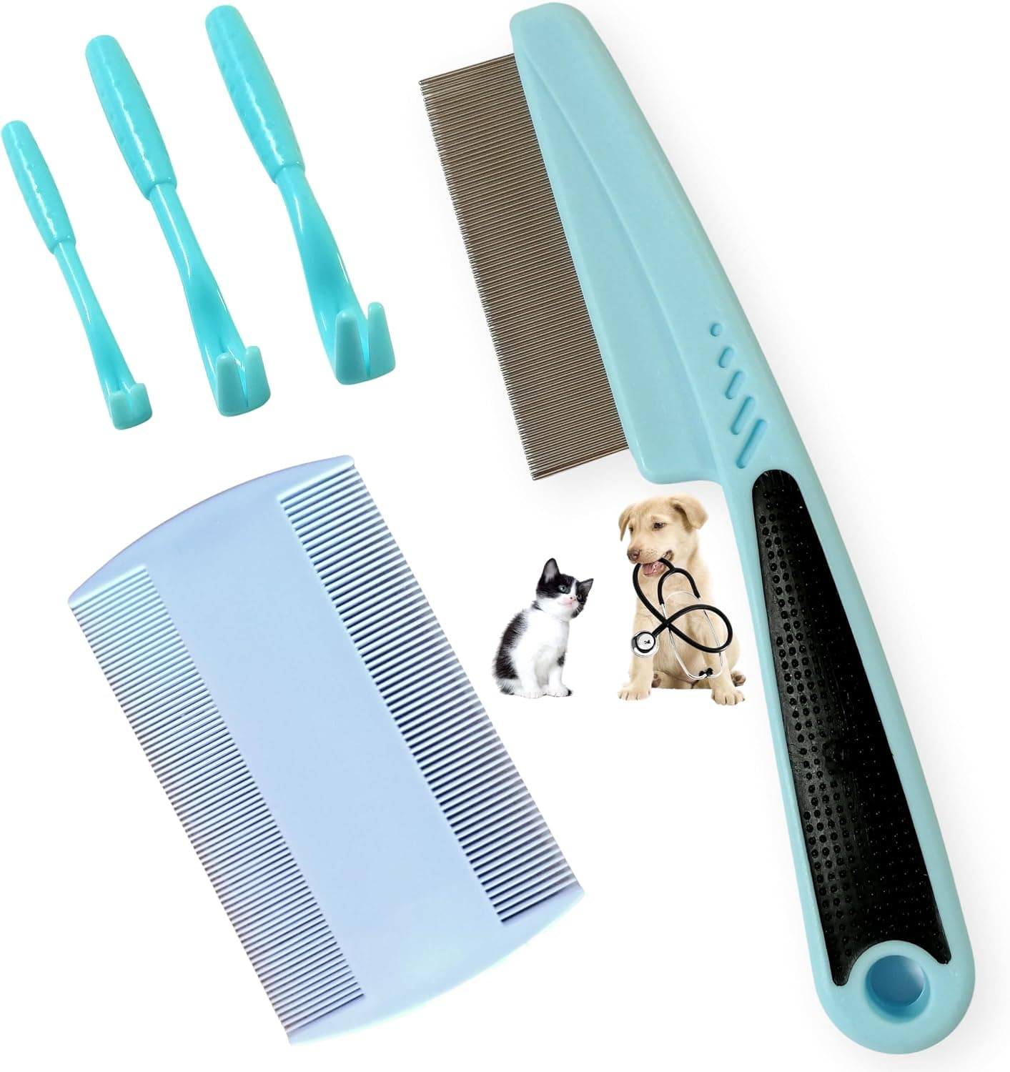 Peigne anti puce et tique pour chien et chat. Kit de crochet et tire tiques pour
