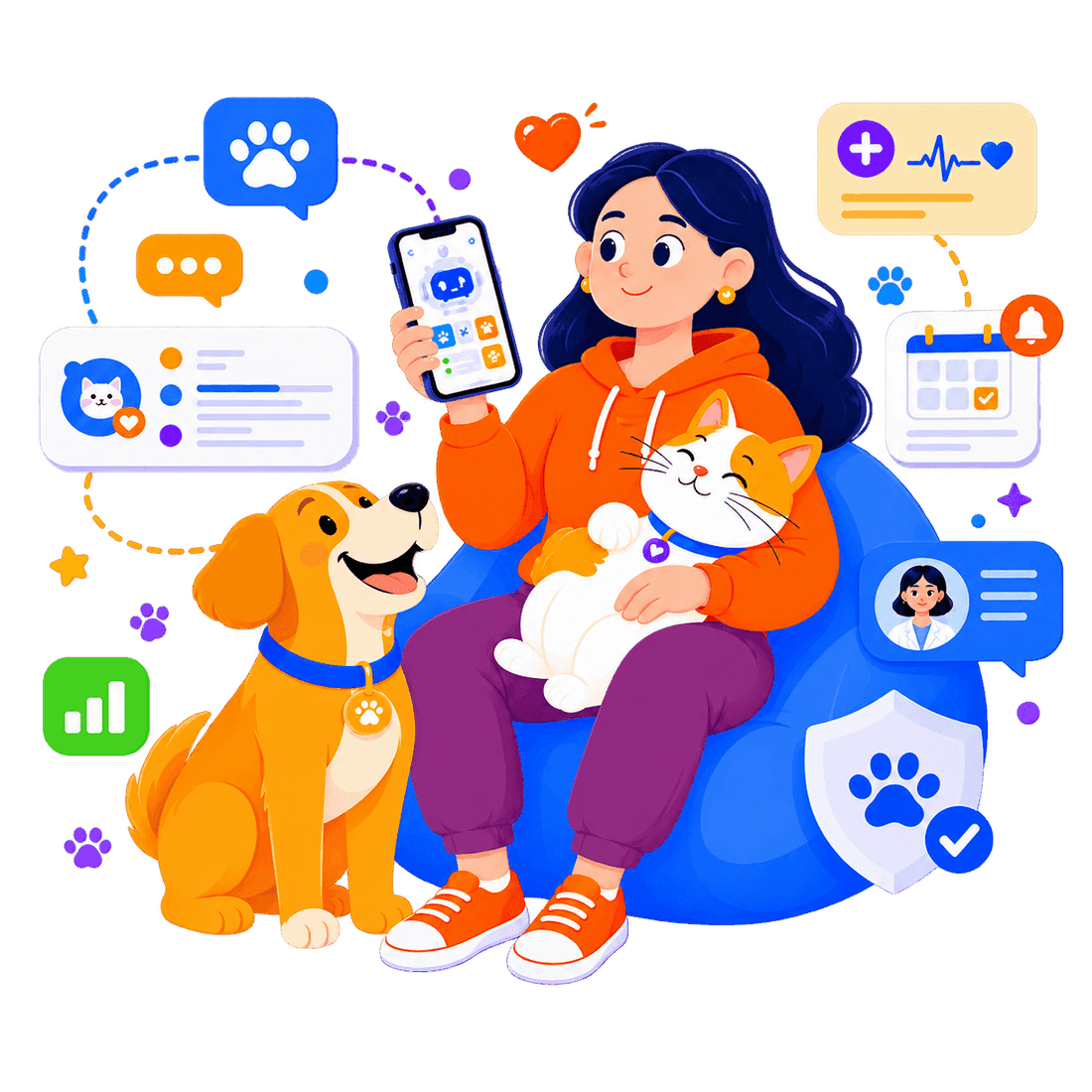 Une femme utilise l’assistant VETIA avec son chien et son chat