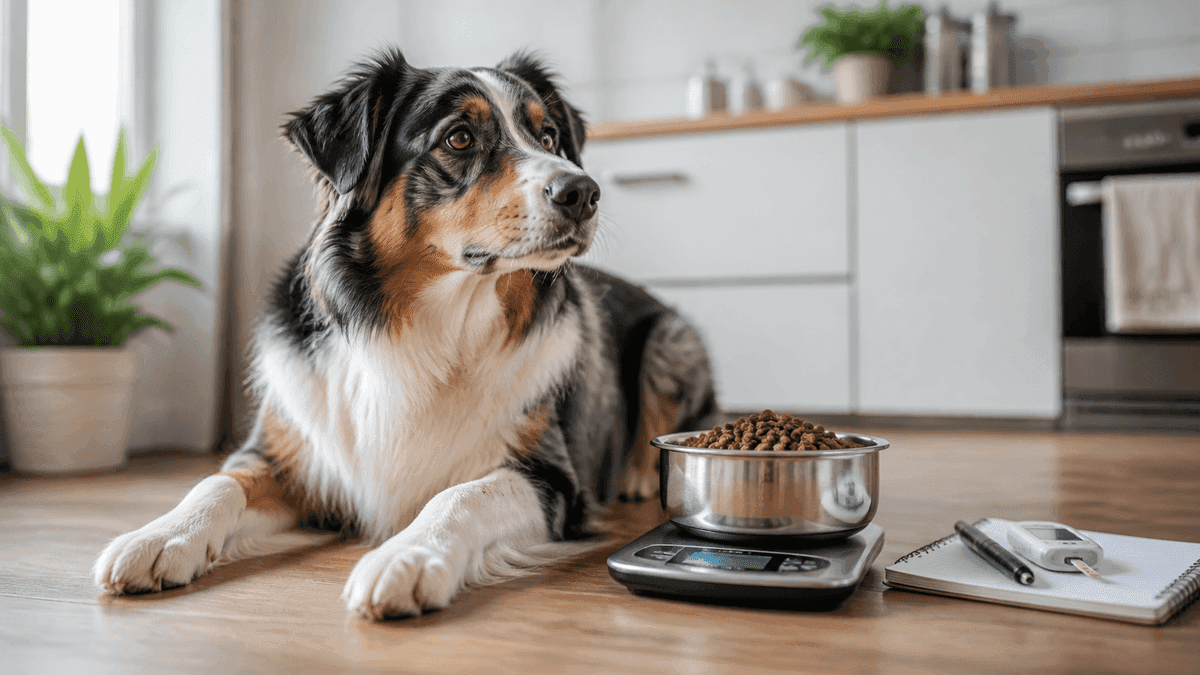 Chien devant une ration de croquettes mesurée avec soin