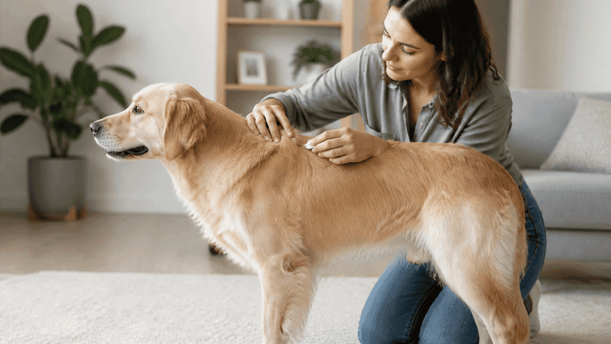 Application d'un traitement antiparasitaire sur un chien calme